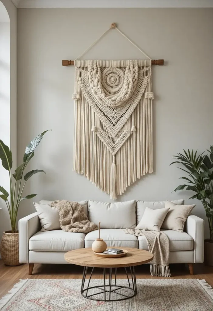 Living room wall with oversized macrame adding soulful texture
