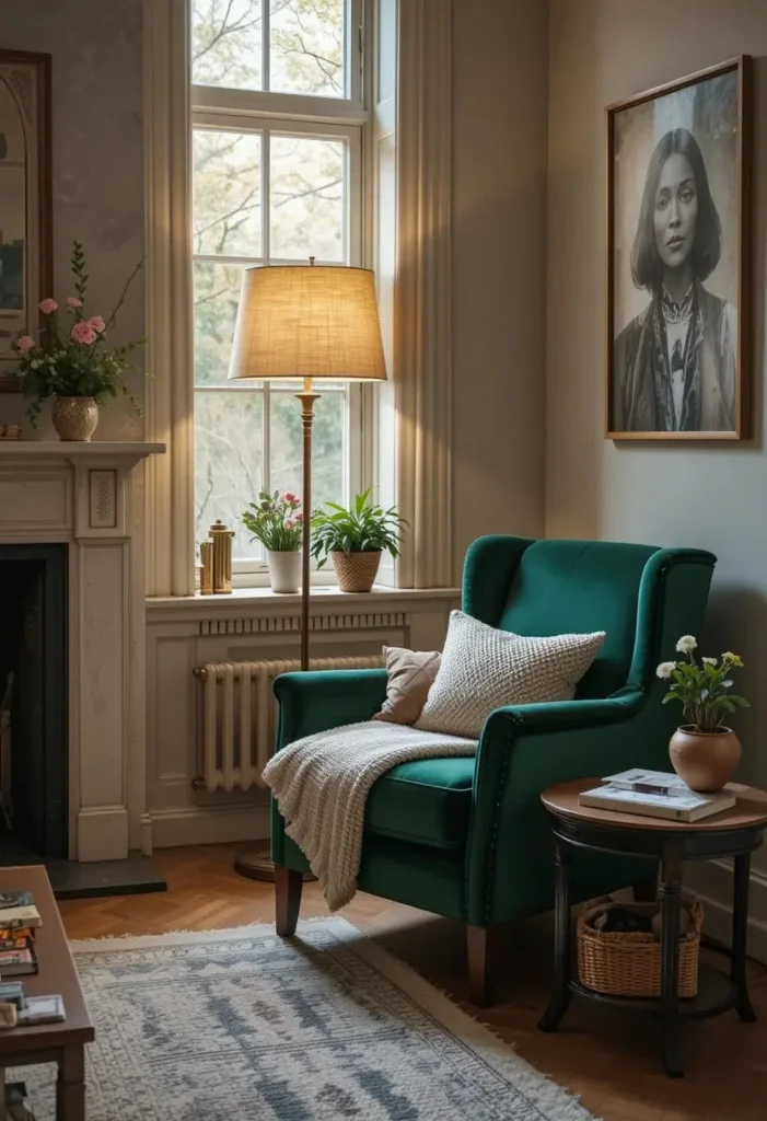 Living room reading nook with velvet chair and warm lighting