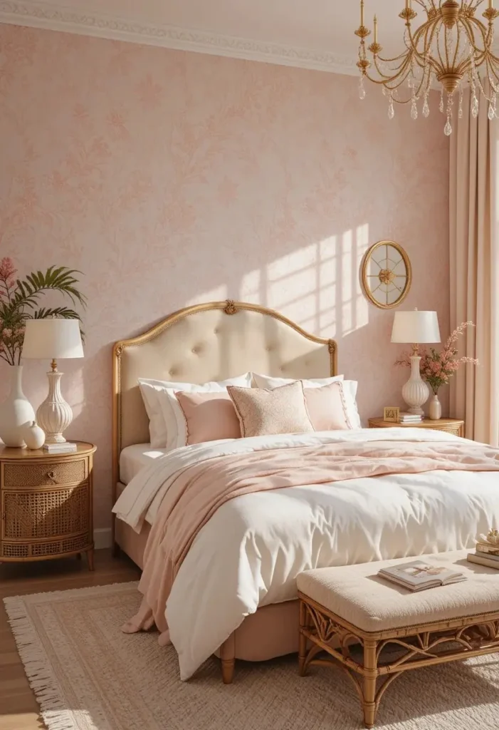 Elegant blush pink bedroom with textured wallpaper and soft feminine decor.