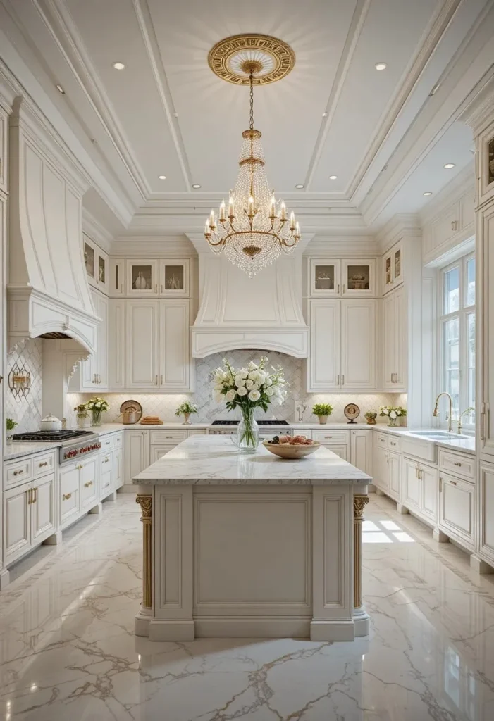 Elegant kitchen with a mini chandelier suspended above the center island.
