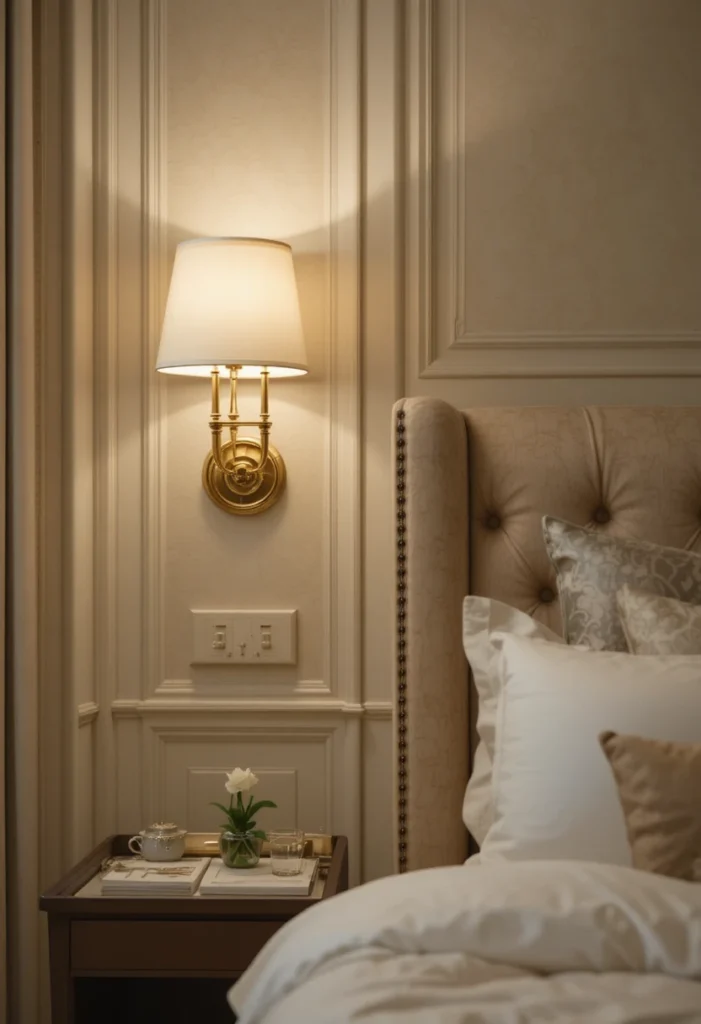 Brass bedside wall sconces flanking elegant bedroom bed.