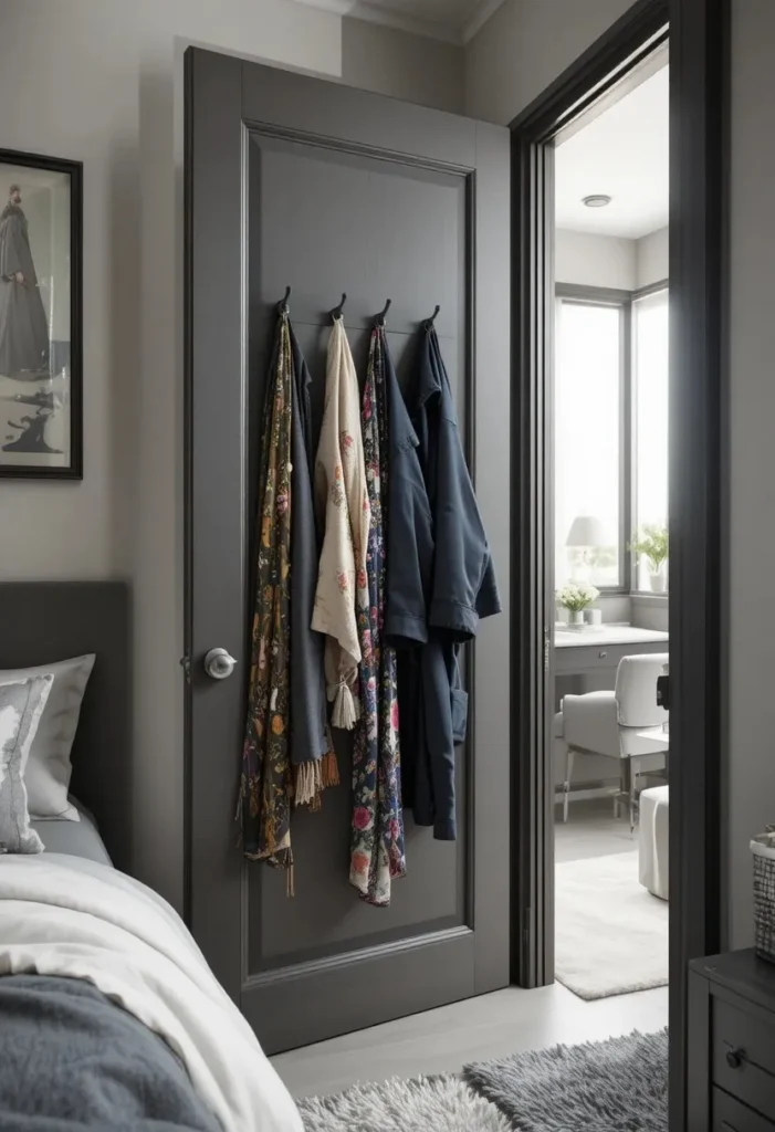 Bedroom door with wall hooks used for jackets, bags and accessories.