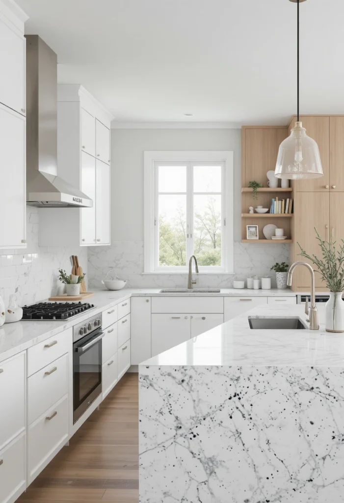 Scandinavian kitchen with white quartz countertops featuring black speckles.