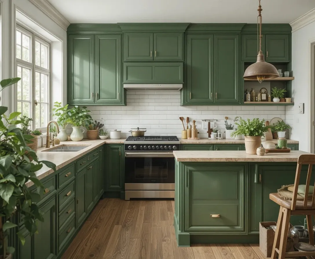 Full realistic beautiful green kitchen look