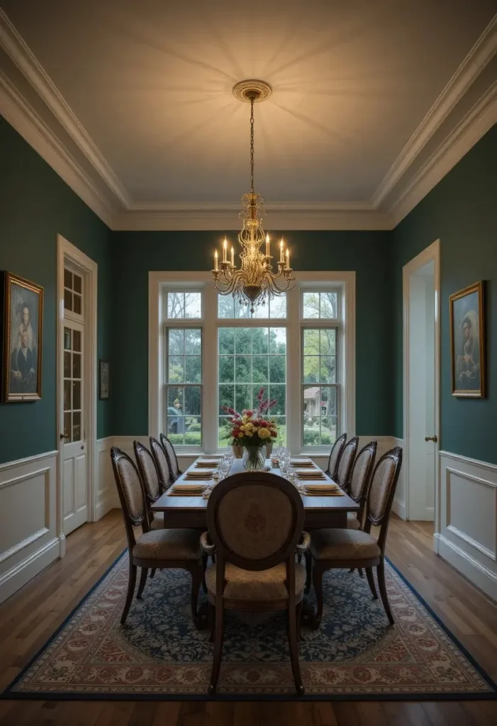 Full dining room with deep forest green walls creating an intimate cozy atmosphere