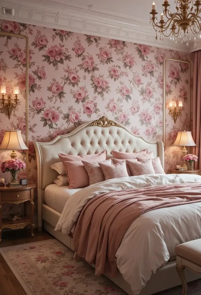 Pink floral wallpaper feature wall in romantic bedroom decor.