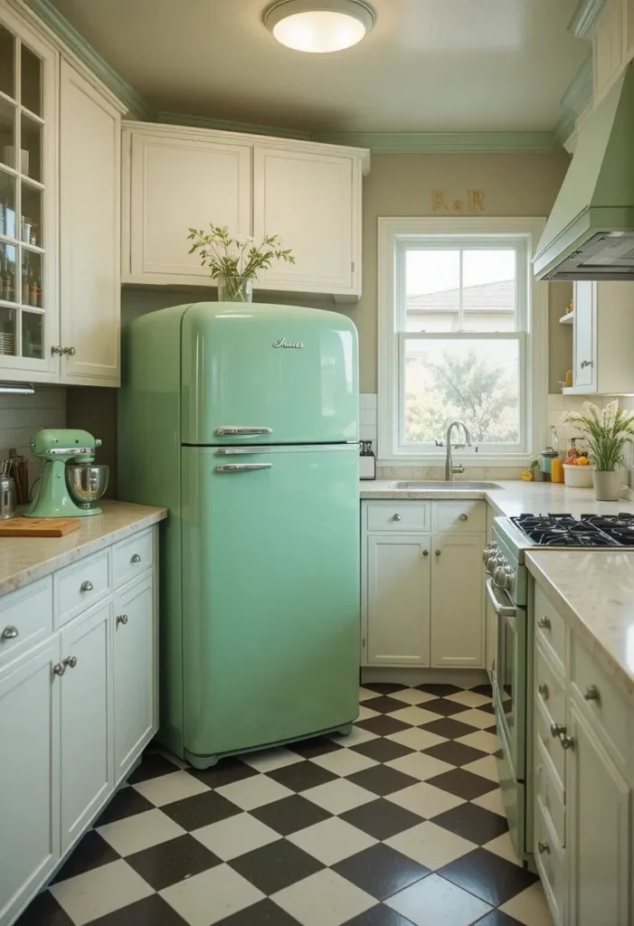 Full retro kitchen with green appliances and vintage style