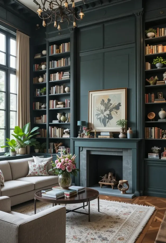 Floor-to-ceiling bookshelf accent wall in a stylish living room.