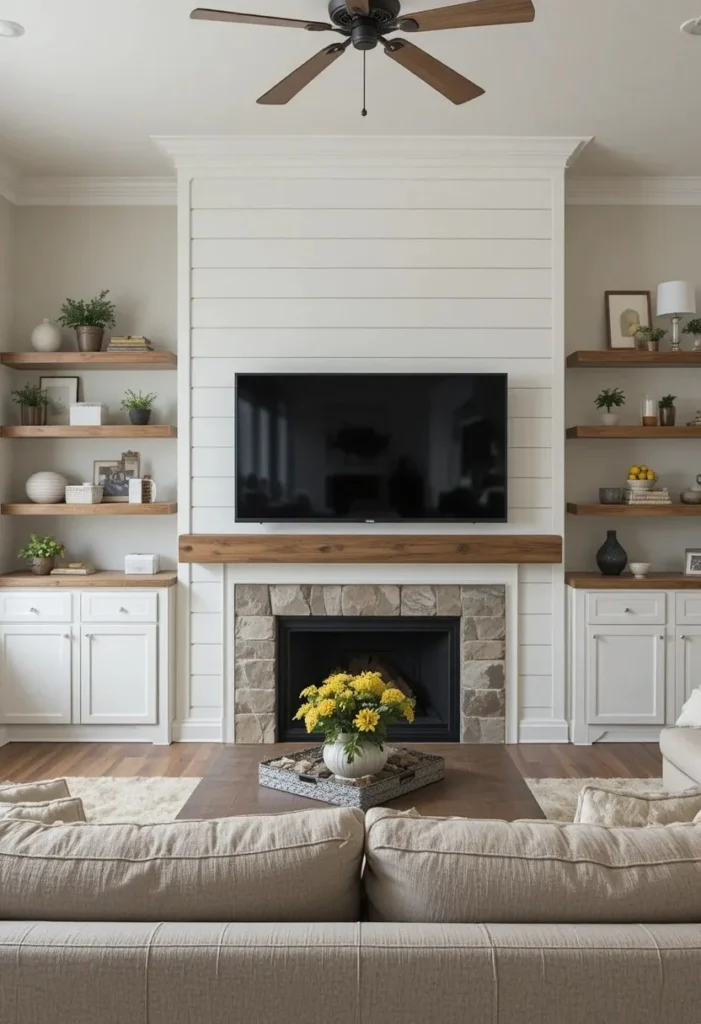 White shiplap TV wall with floating wood shelves in a cozy farmhouse living room