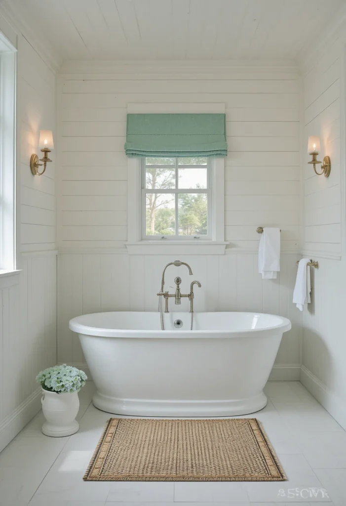 Coastal-inspired bathroom with shiplap walls and a freestanding tub.