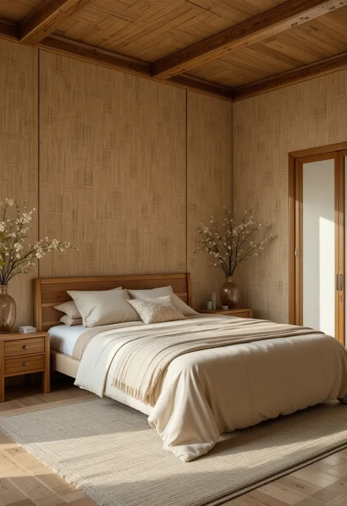 Natural bedroom with textured grasscloth wallpaper and warm organic decor.