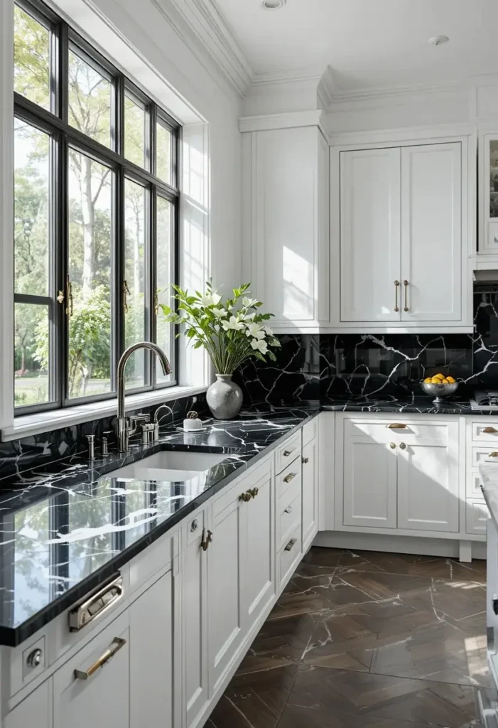 Black marble kitchen countertops with dramatic white veining paired with white shaker cabinets.