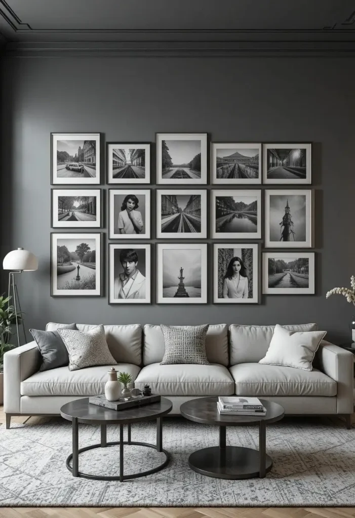 Living room wall with black and white photography gallery