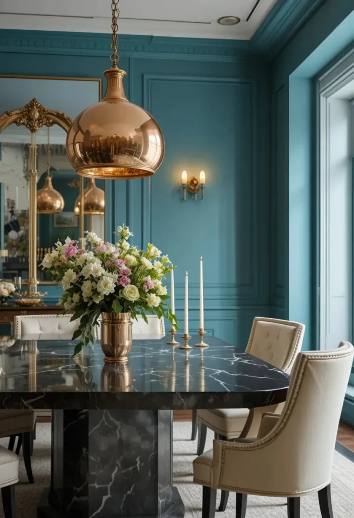 Teal dining room with copper lighting and marble dining table