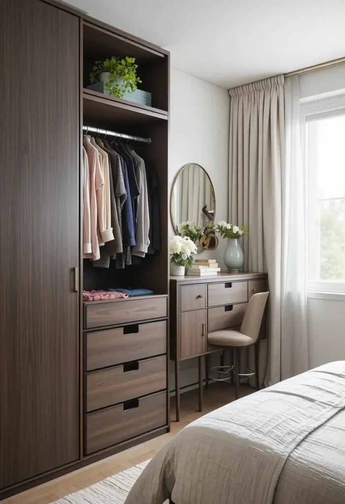 Slim drawer unit placed beside a wardrobe to maximize bedroom storage.