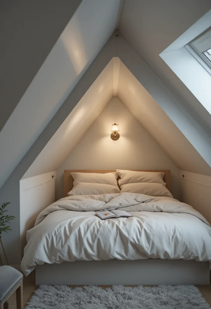 Cozy attic nook bed tucked under sloped ceiling with soft cream bedding