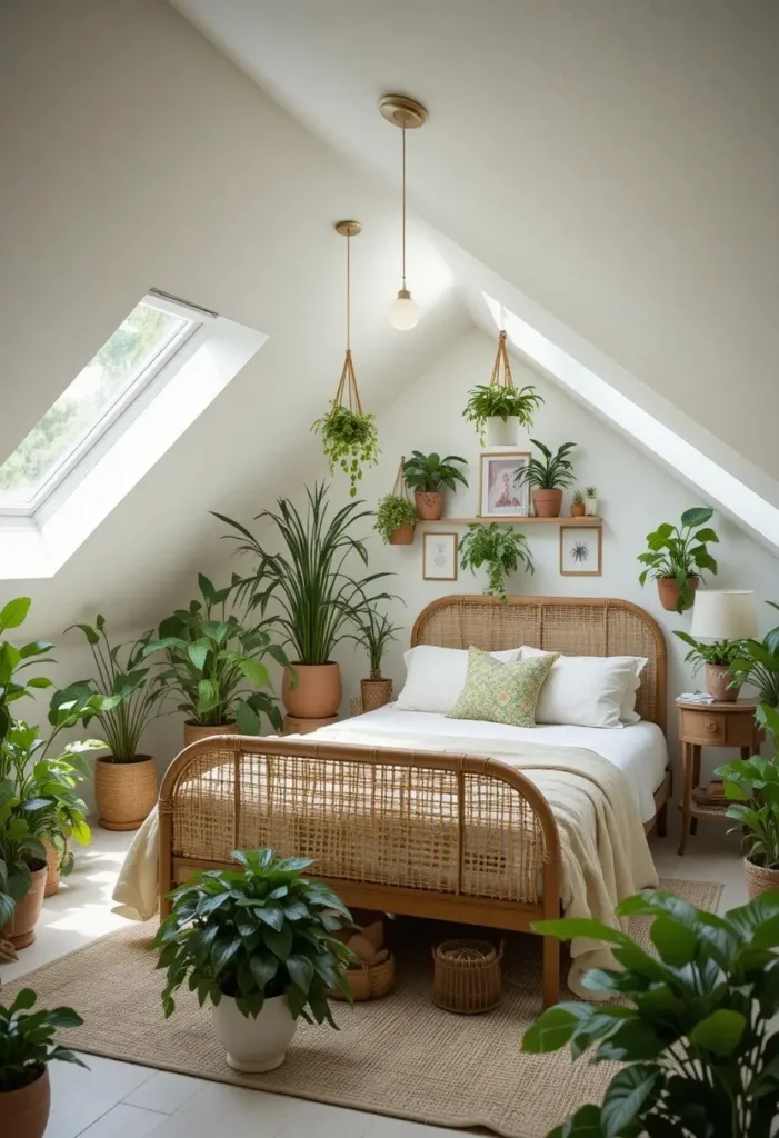 Greenhouse-style attic bedroom filled with hanging plants and natural sunlight