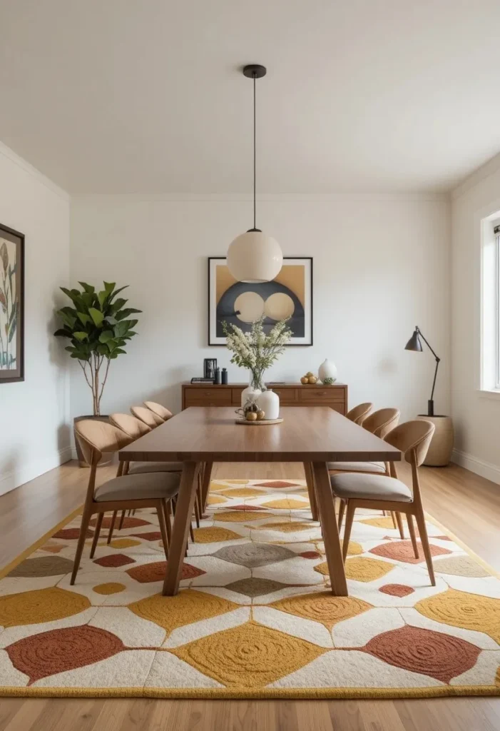 Mid century dining room featuring a geometric patterned rug beneath the dining set.