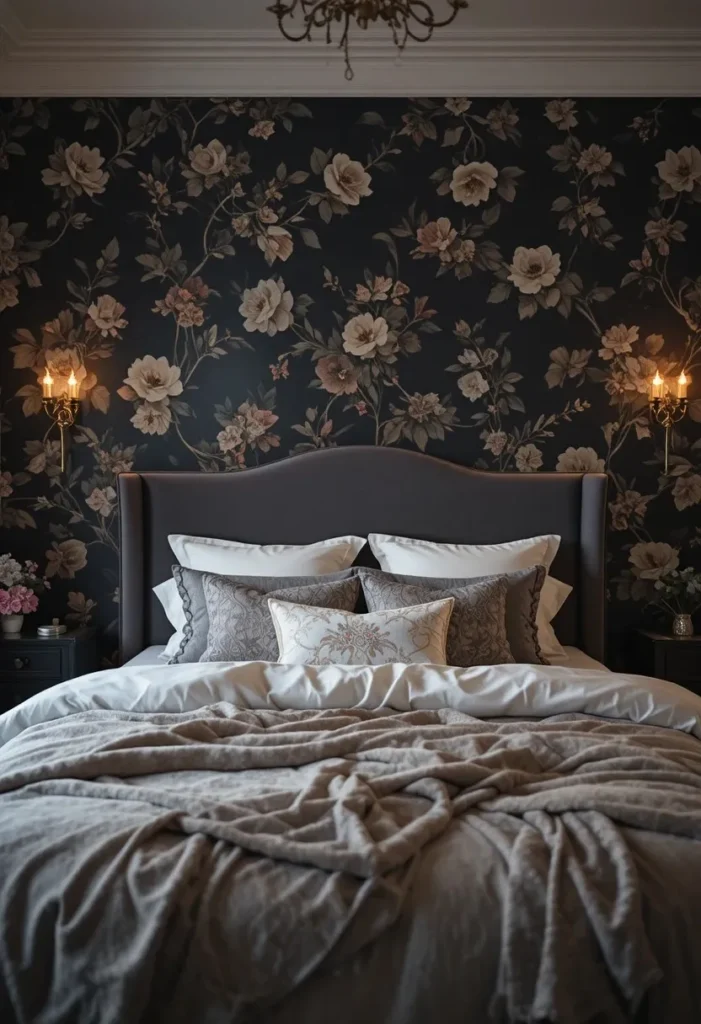 Dark floral wallpaper accent wall behind bedroom bed.