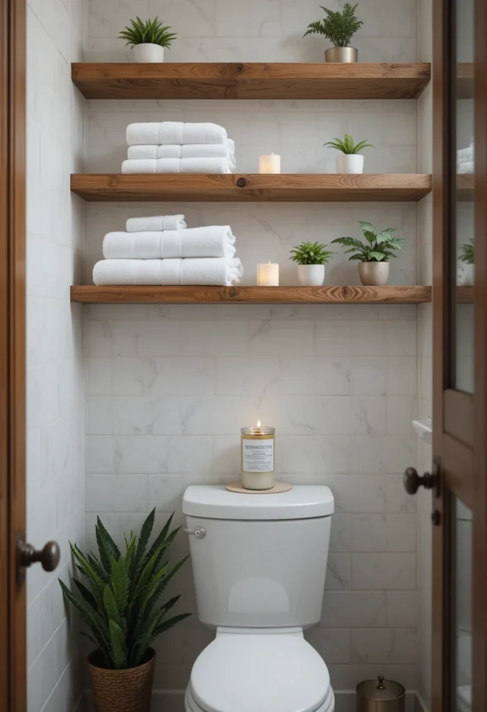 Floating bathroom shelves adding storage and decorative style