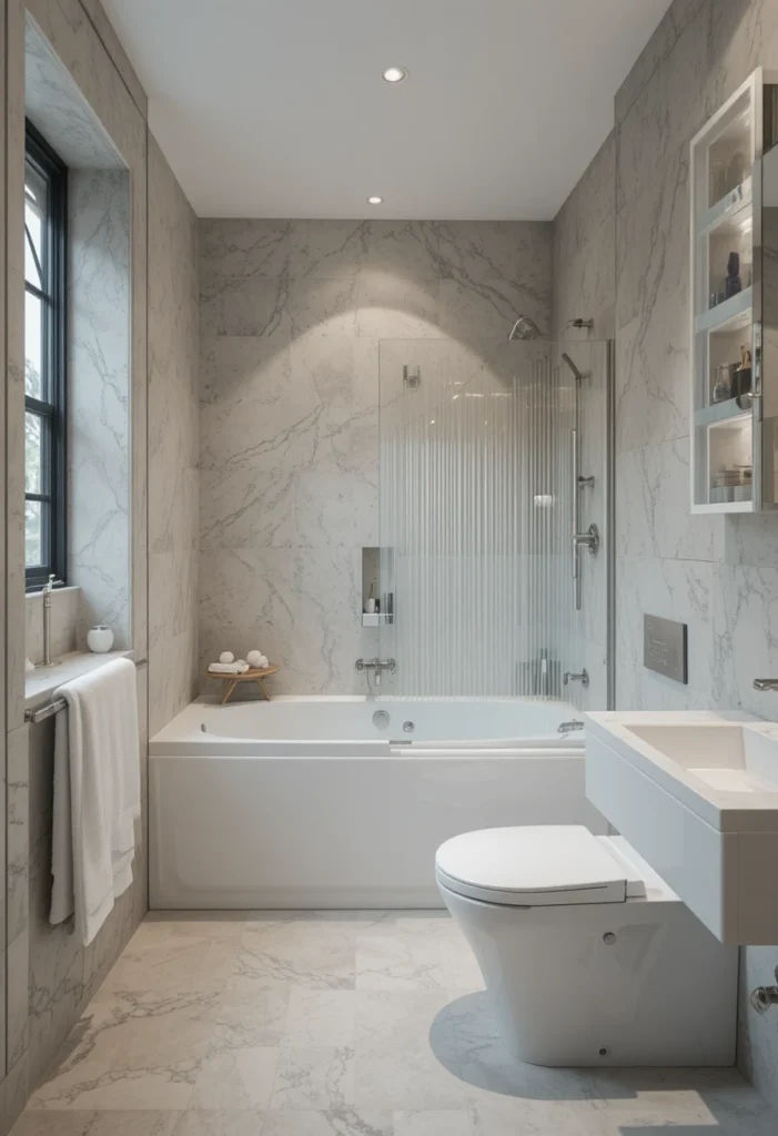 Modern small bathroom featuring a glass partition between the tub and toilet area.