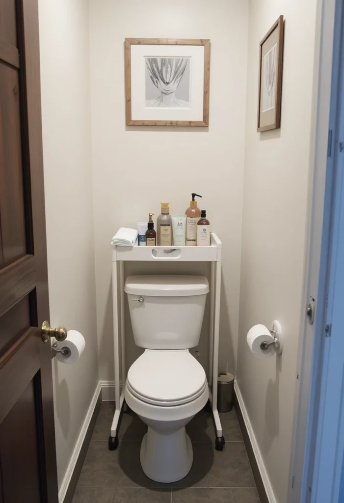 Small bathroom with slim rolling cart beside toilet for smart storage