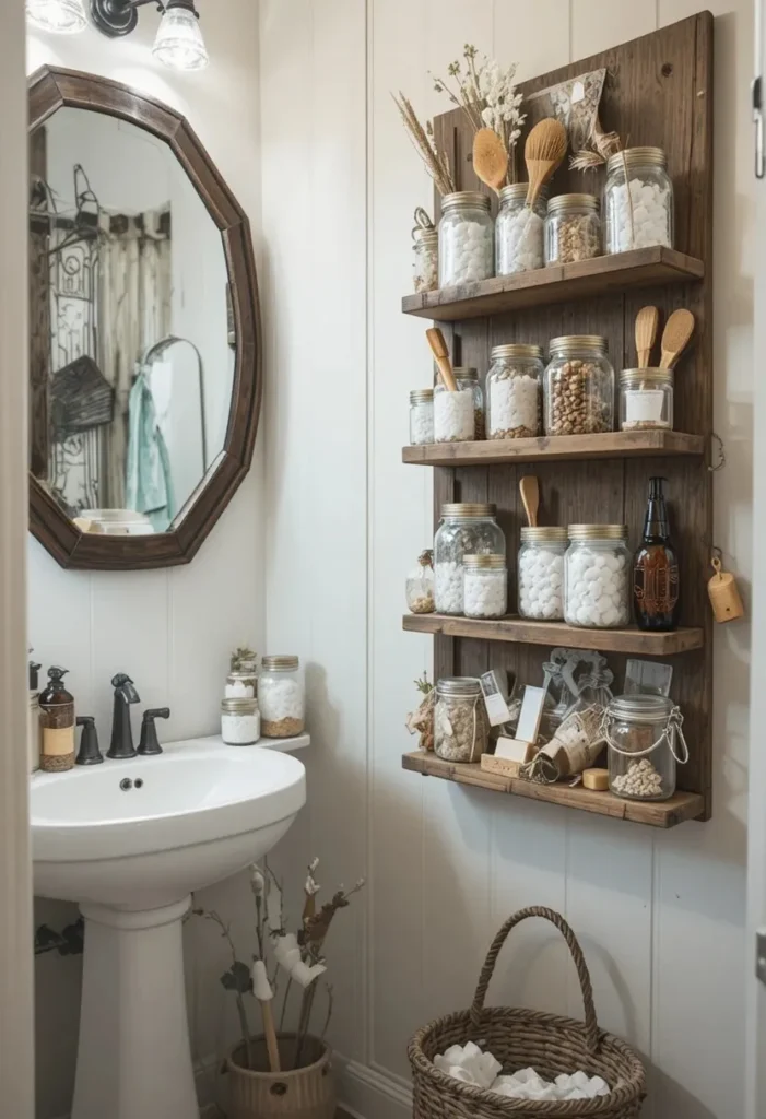 Bathroom wall-mounted mason jars for visible organized storage