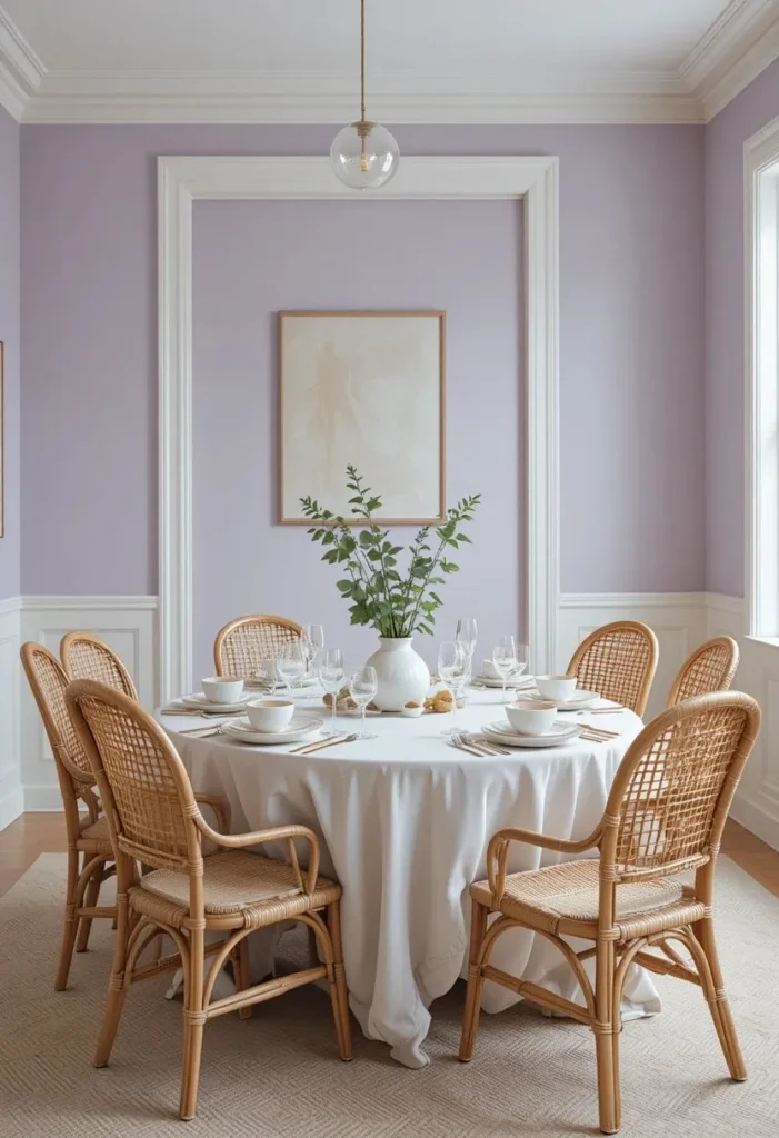 Lavender dining room with white trim and rattan dining chairs