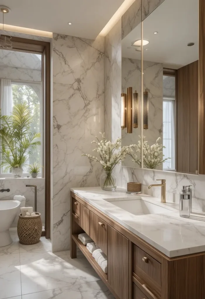 Warm wooden vanity creating a cozy spa-inspired bathroom