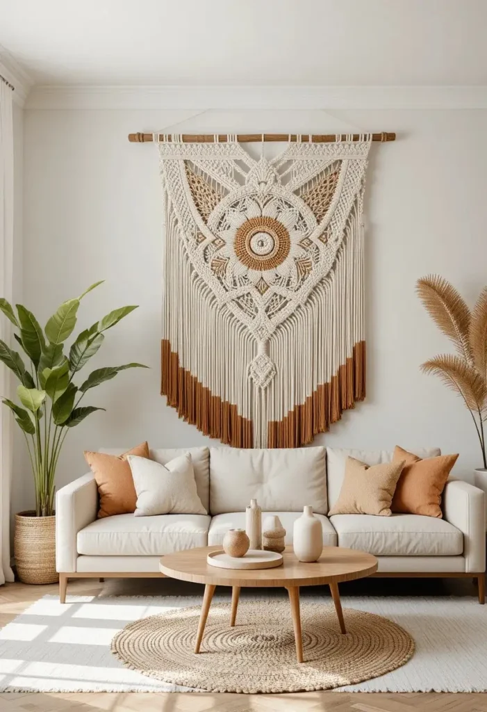 Living room wall with woven hanging adding texture and warmth