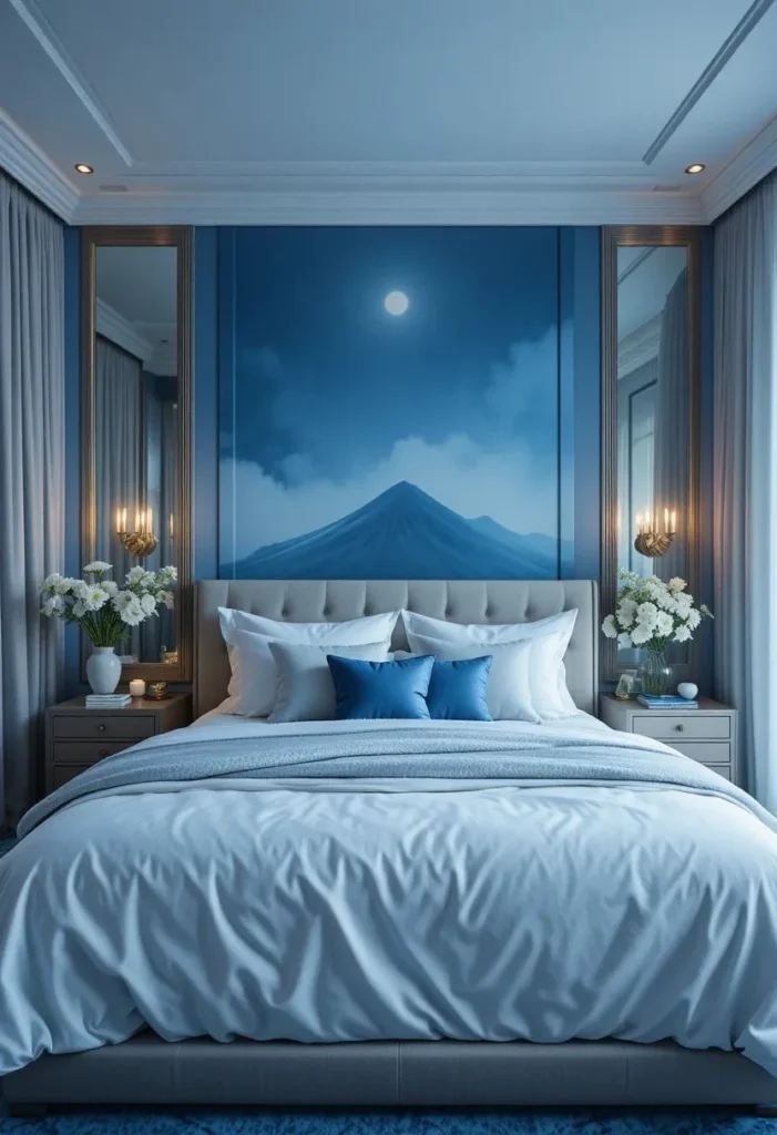 Bedroom with soft ombre wallpaper creating a calming gradient effect.