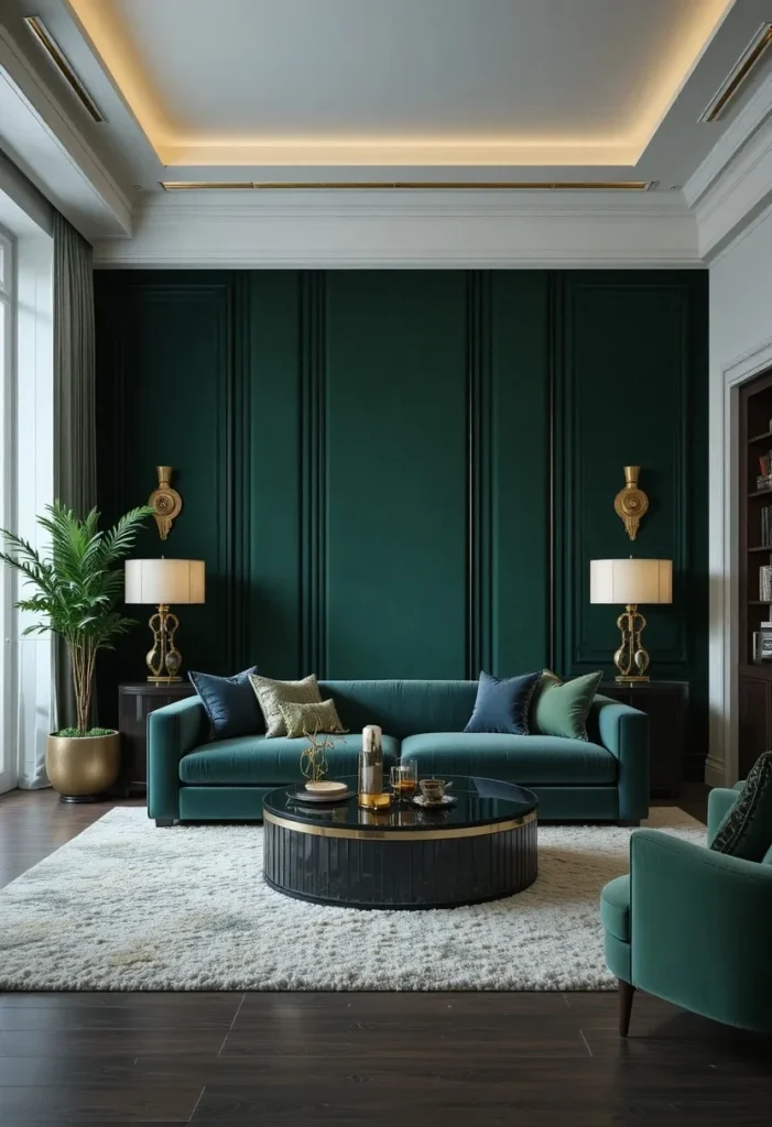 Elegant velvet wall panels creating a luxurious living room accent wall.