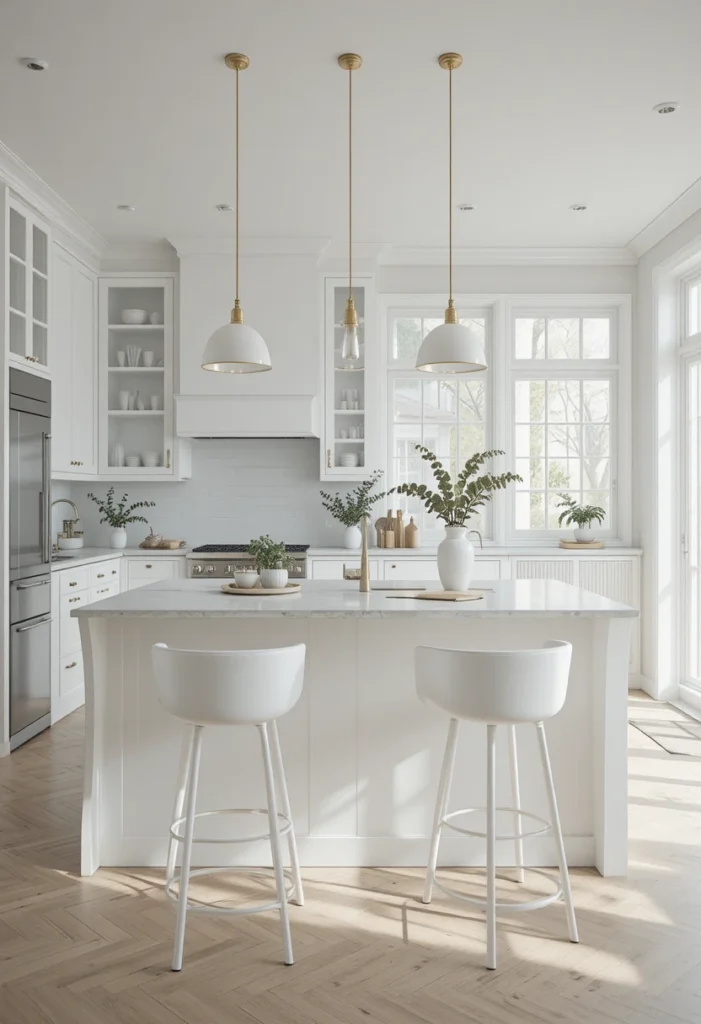 Bright minimalist kitchen with sleek white bar stools.