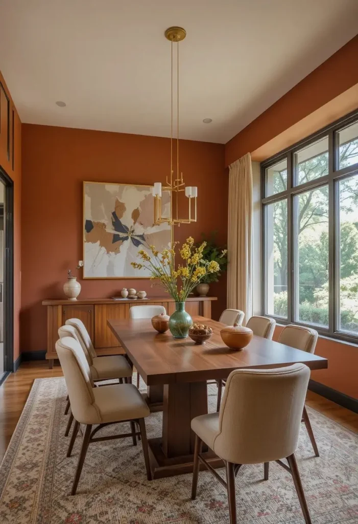 Dining room with terracotta walls and warm mid century modern furnishings.