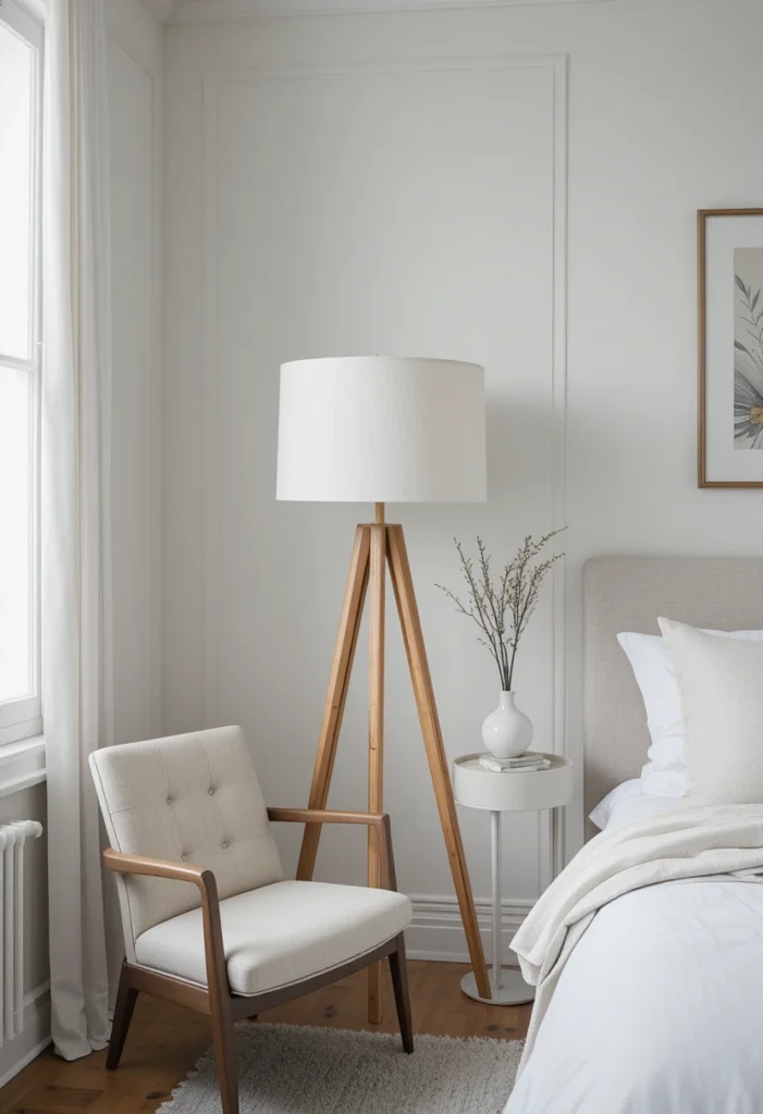 Wooden tripod floor lamp in stylish modern bedroom corner.