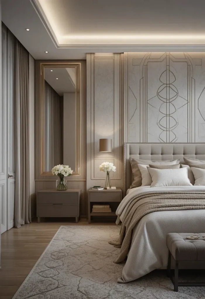 Modern bedroom featuring stylish geometric wallpaper and minimalist decor.