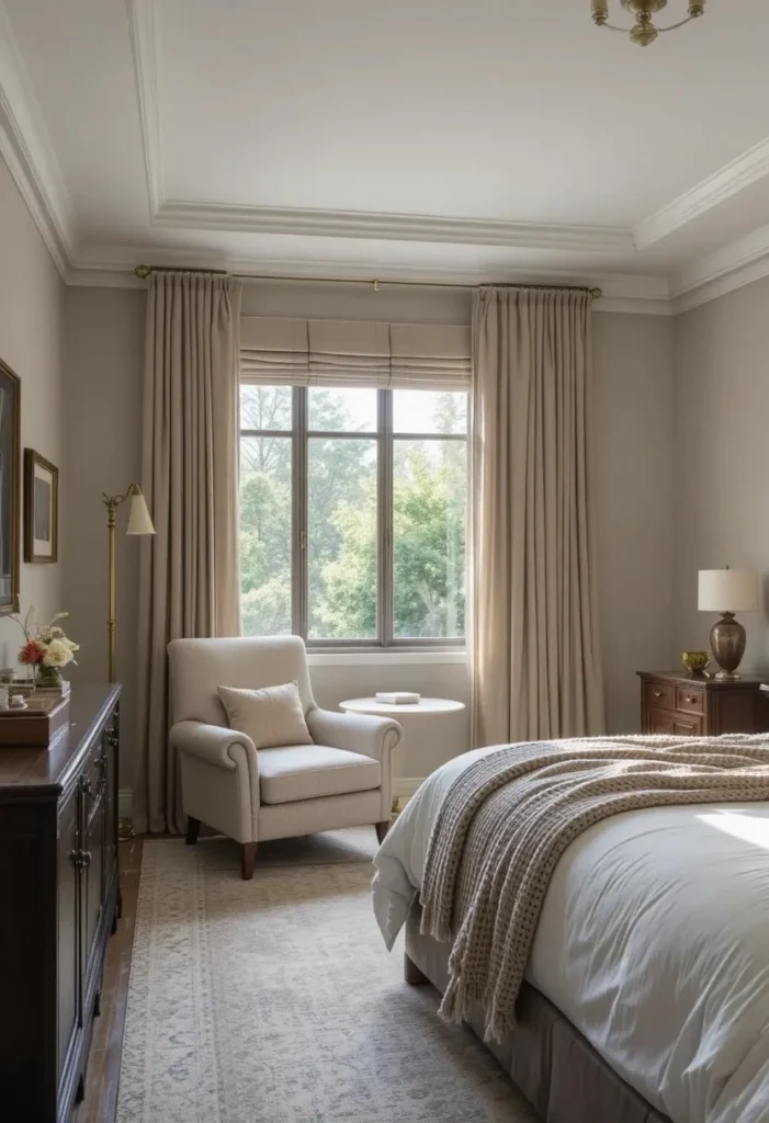 Full guest room featuring cozy reading nook with chair