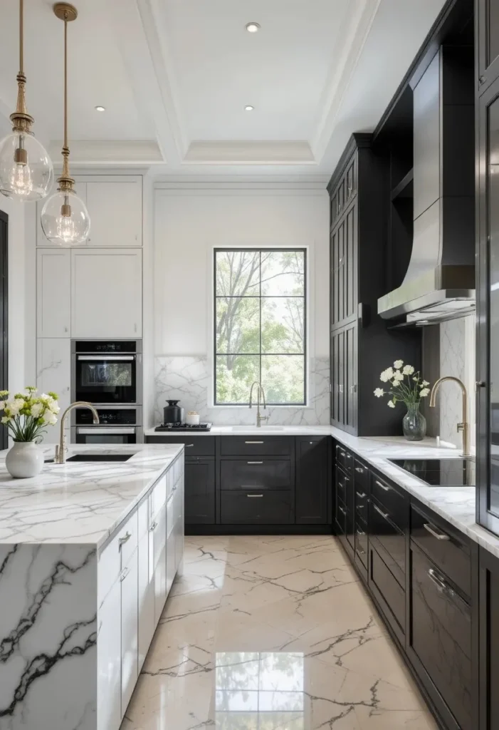 Elegant kitchen with black and white veined quartz countertops.