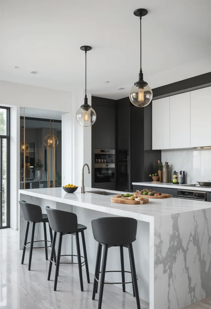 Modern kitchen island with sleek black metal bar stools.