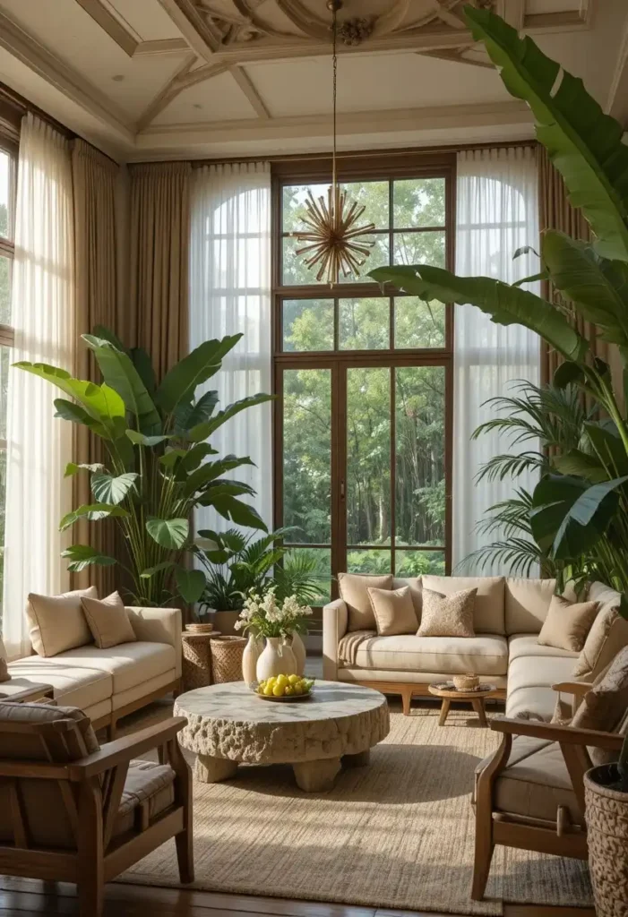Nature-inspired living room with plants and organic textures