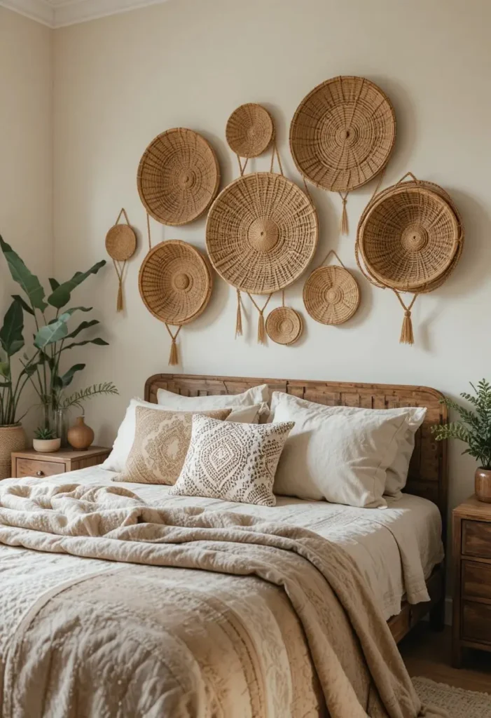 Woven basket wall decor display in warm neutral bedroom.