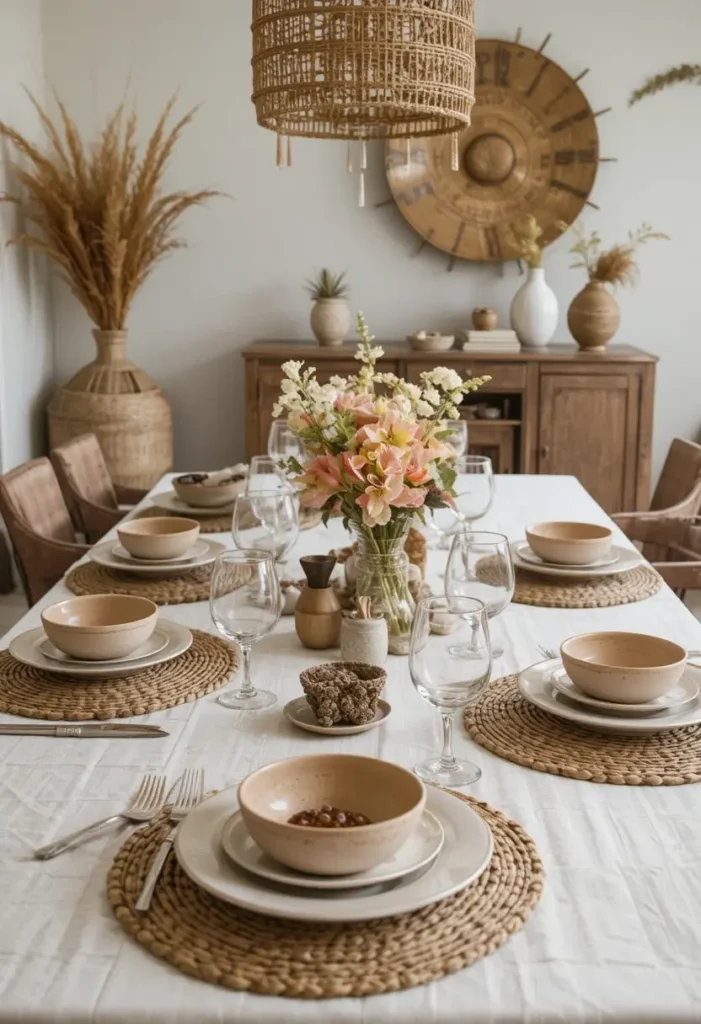 Boho dining table styled with woven placemats, linen textiles and handmade ceramics.
