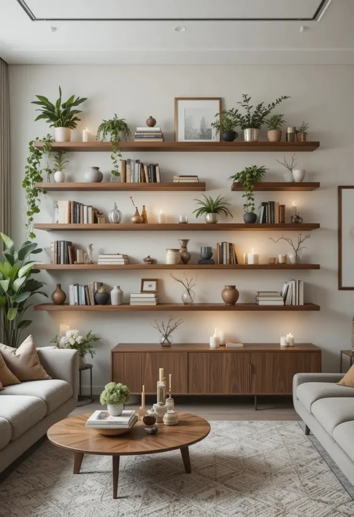 Living room floating shelves styled as decorative wall feature