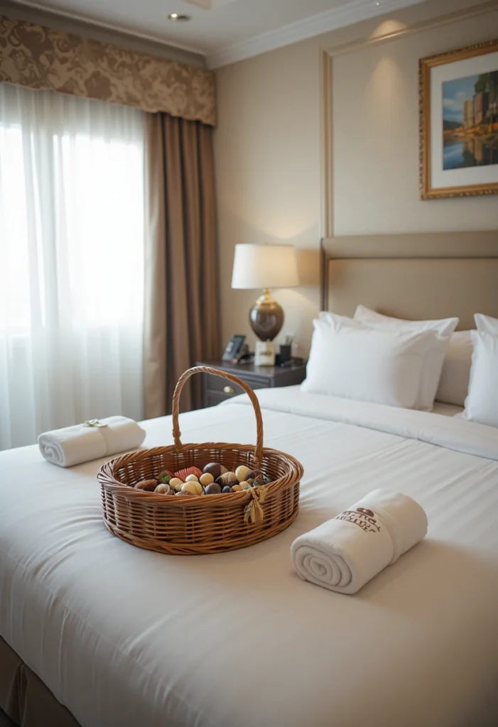Full guest room with thoughtful welcome basket on bed