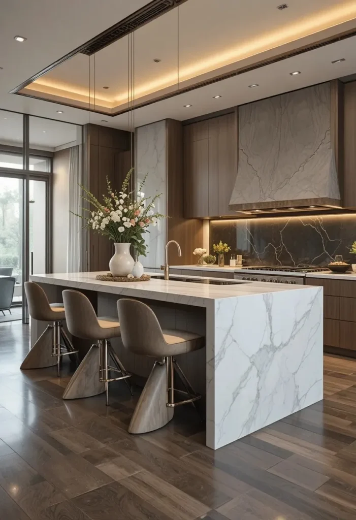 Luxury kitchen featuring sculptural designer bar stools around the island.