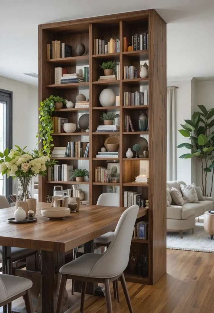 Full combo room with bookshelf divider creating stylish separation