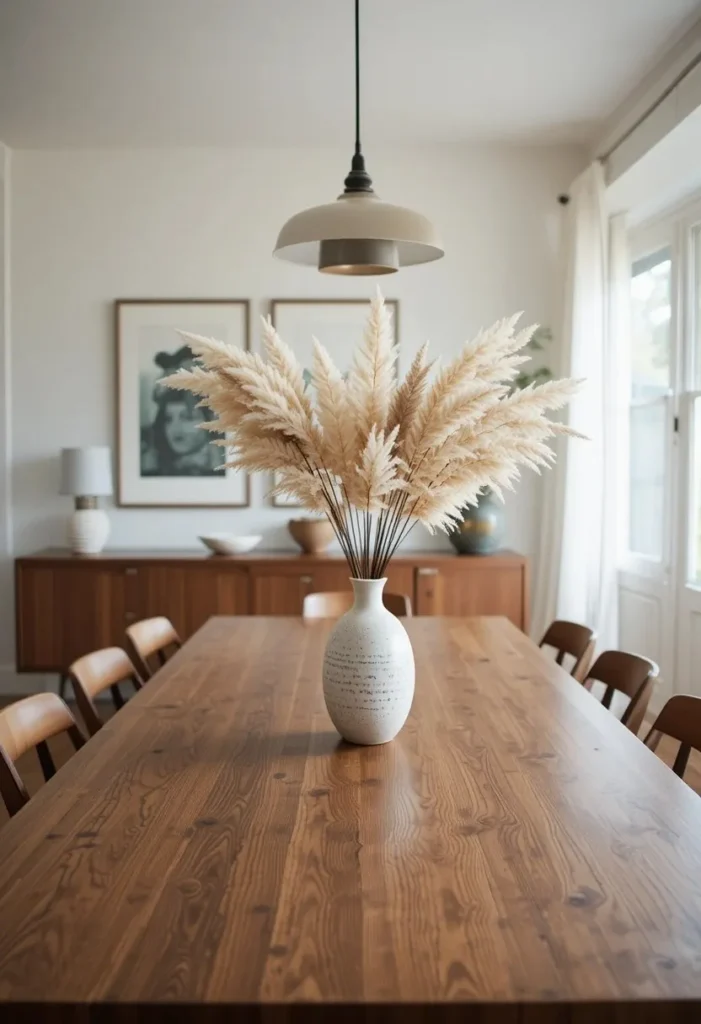 Walnut dining table decorated with a sculptural ceramic centerpiece.