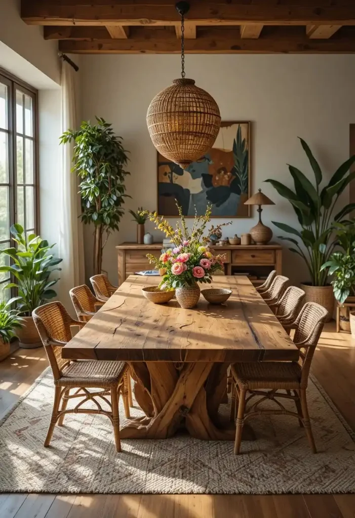 Bohemian dining room centered around a stunning live-edge wooden dining table.