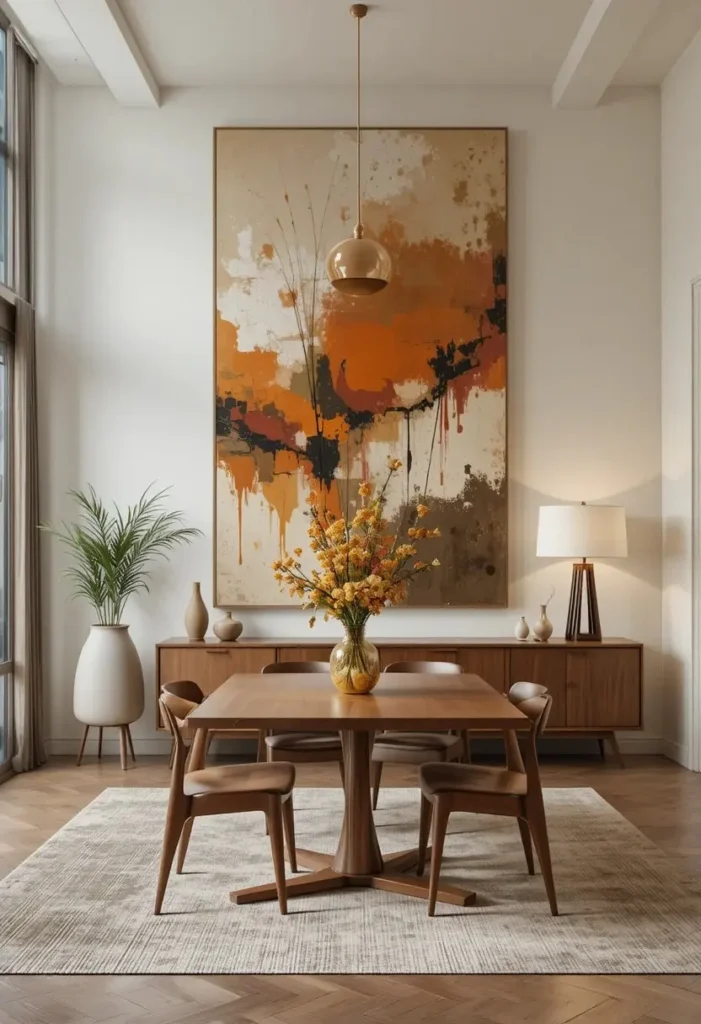 Dining room with bold abstract artwork adding color and personality.