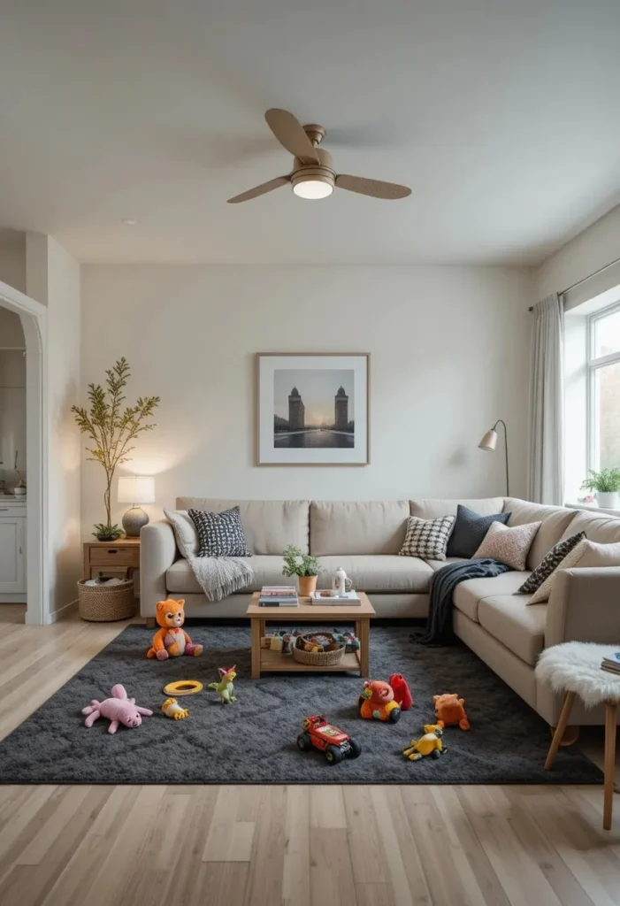 Busy family living room with dark charcoal rug and light furniture.